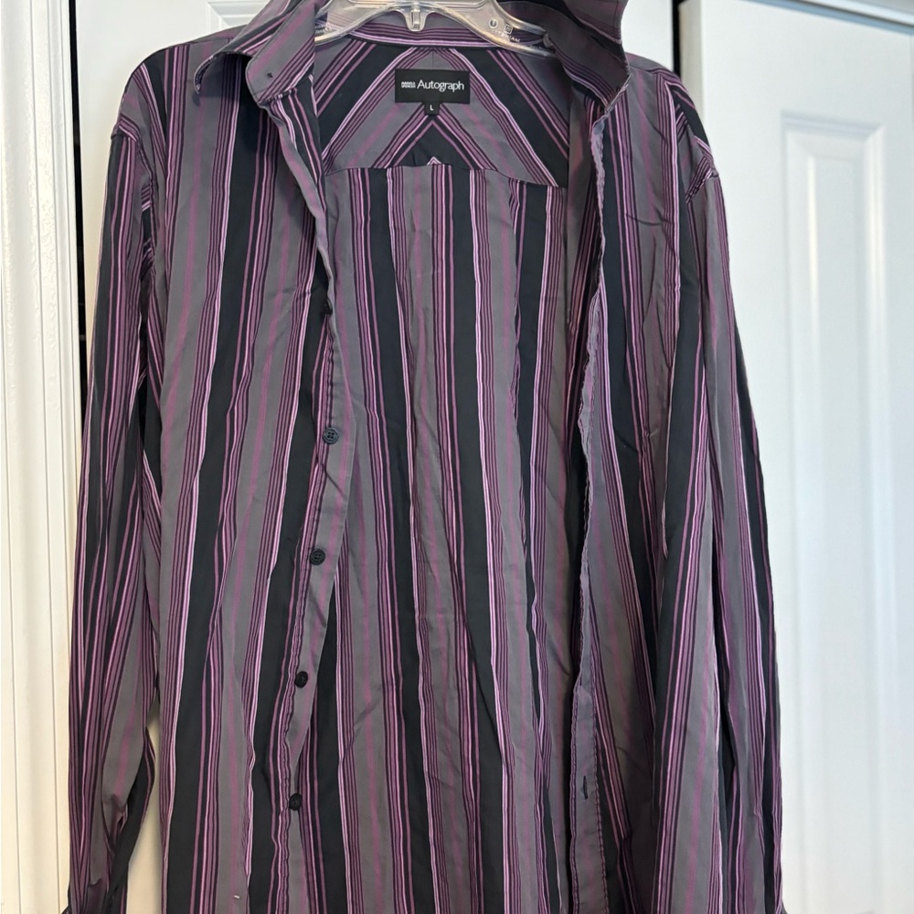 Marks & Spencer Men's Black and Purple Striped Shirt